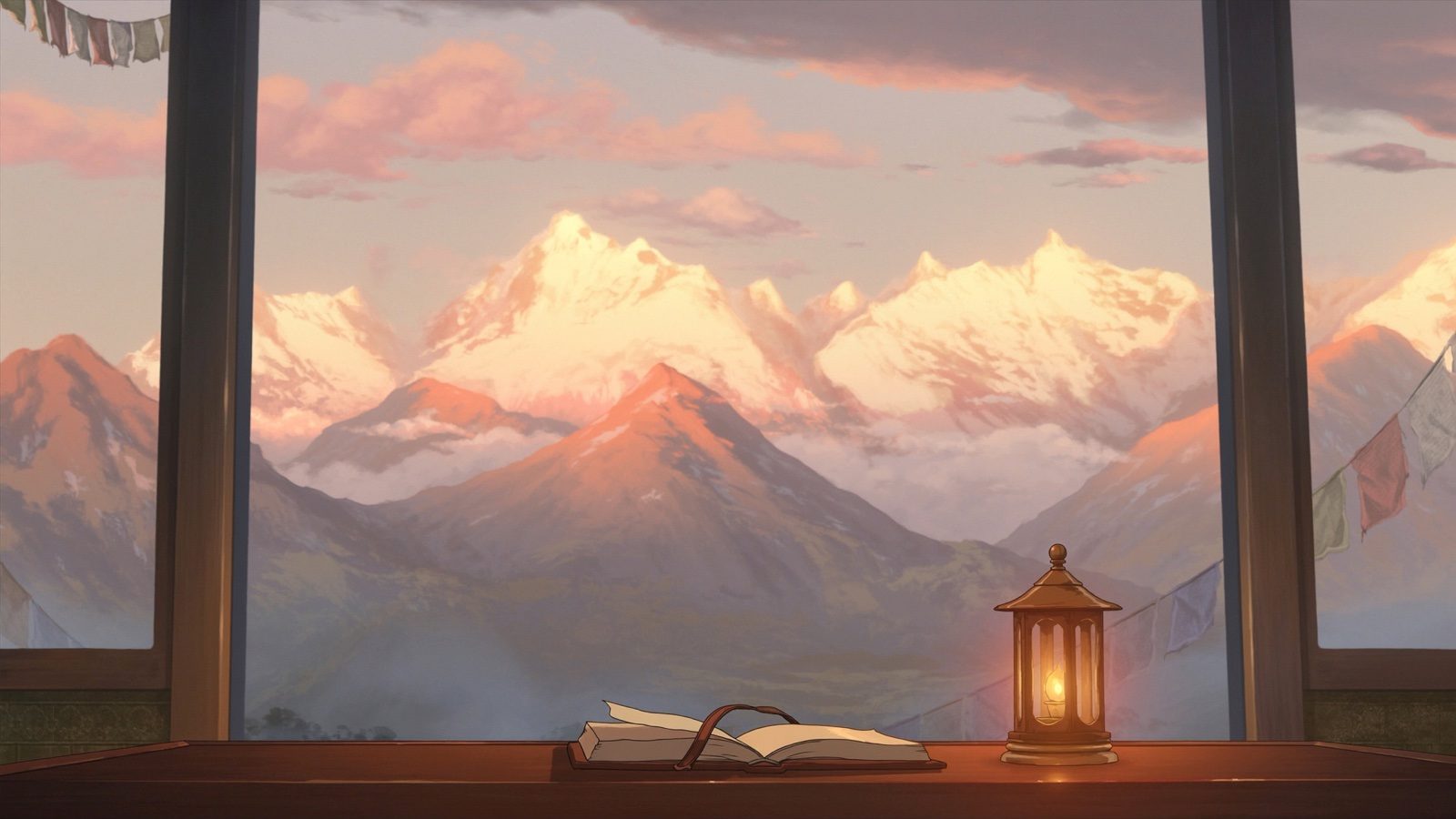Himalayan snow peaks glowing at dawn through a window, with an open journal and a lantern — a tribute to Nims Purja, Nimsdai